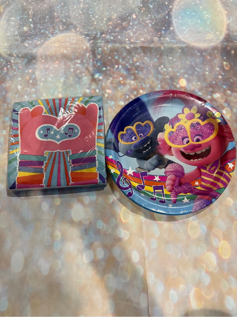 Trolls Rainbow Music Party Plates & Napkins - Pink, Purple, Blue, Yellow